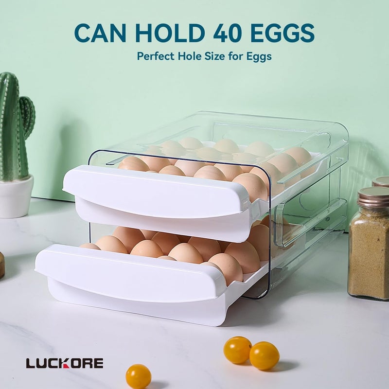 Luckore Egg Container Holders Dispenser for Refrigerator 40 Eggs, 2 Tier Clear Stackable Holder Tray with Drawer for Fridge, Storage Container with Handles for Refrigerator, Countertop - Image 2